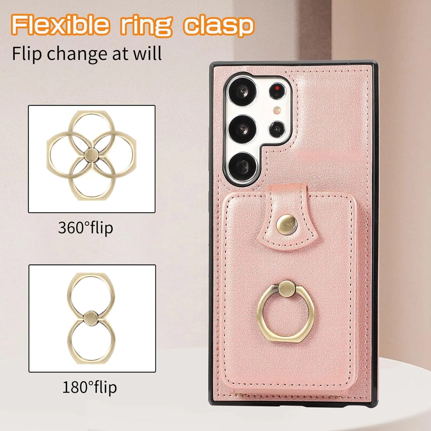 Phone Case for Samsung Galaxy S25 Ultra 5G Wallet Cover Protector with Crossbody Wrist Strap Ring RFID Blocking Card Holder Cell otterbox S25Ultra Women Rose Gold