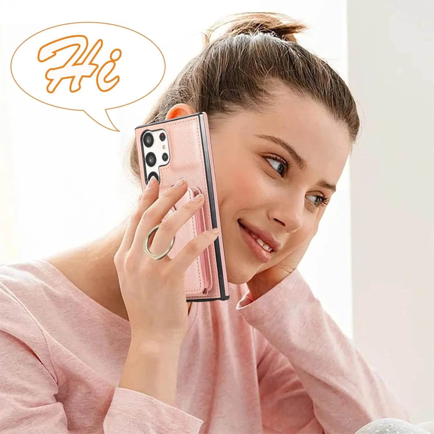 Phone Case for Samsung Galaxy S25 Ultra 5G Wallet Cover Protector with Crossbody Wrist Strap Ring RFID Blocking Card Holder Cell otterbox S25Ultra Women Rose Gold