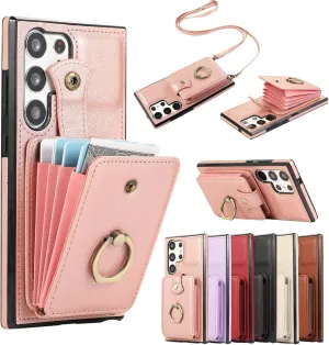 Phone Case for Samsung Galaxy S25 Ultra 5G Wallet Cover Protector with Crossbody Wrist Strap Ring RFID Blocking Card Holder Cell otterbox S25Ultra Women Rose Gold