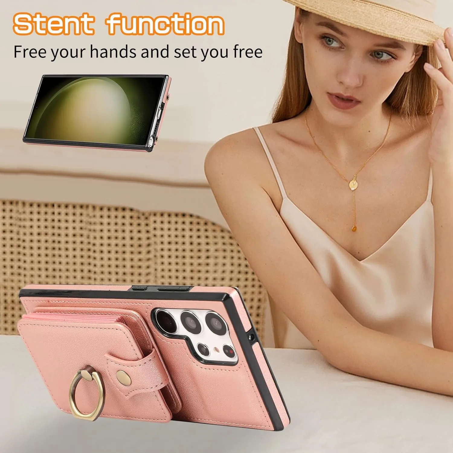Phone Case for Samsung Galaxy S25 Ultra 5G Wallet Cover Protector with Crossbody Wrist Strap Ring RFID Blocking Card Holder Cell otterbox S25Ultra Women Rose Gold