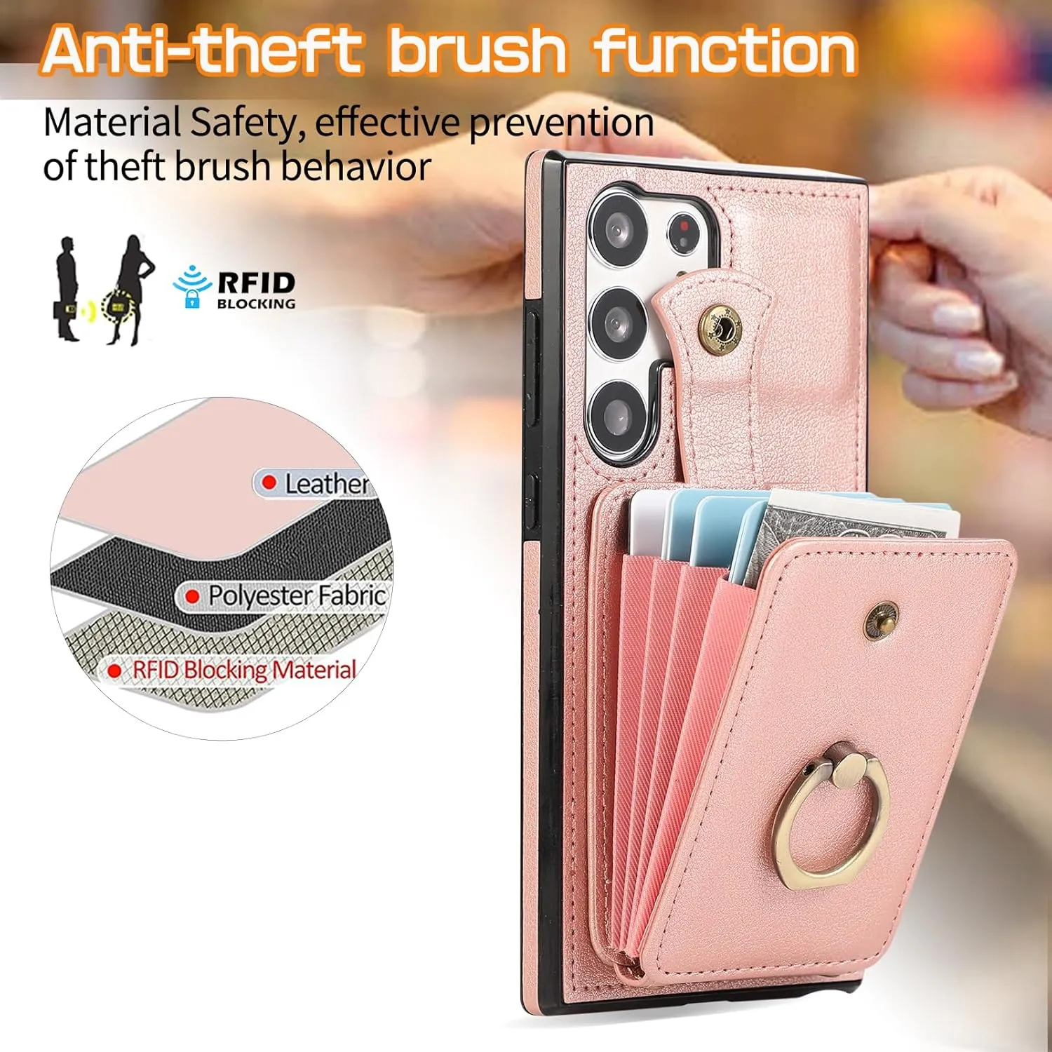 Phone Case for Samsung Galaxy S25 Ultra 5G Wallet Cover Protector with Crossbody Wrist Strap Ring RFID Blocking Card Holder Cell otterbox S25Ultra Women Rose Gold