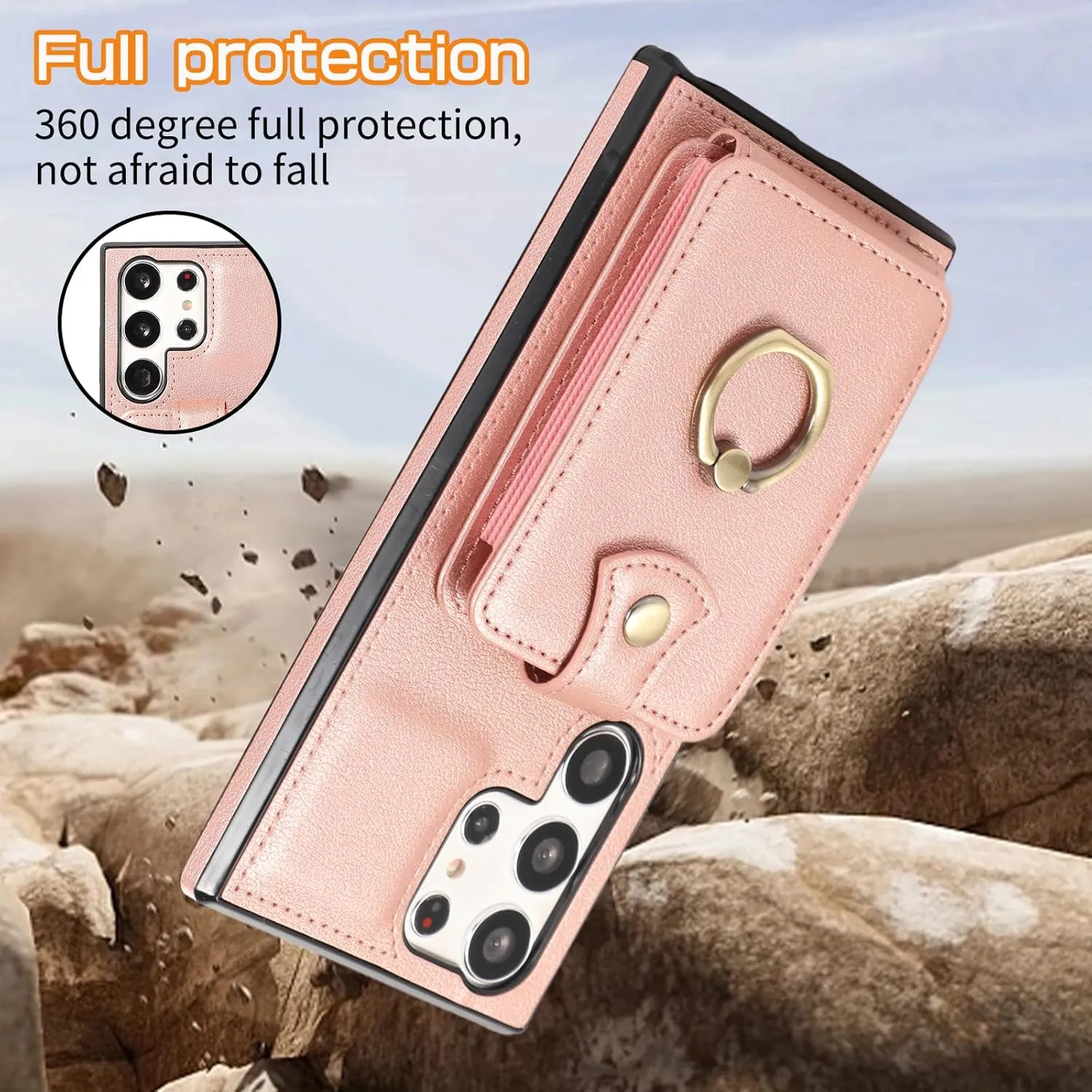 Phone Case for Samsung Galaxy S25 Ultra 5G Wallet Cover Protector with Crossbody Wrist Strap Ring RFID Blocking Card Holder Cell otterbox S25Ultra Women Rose Gold