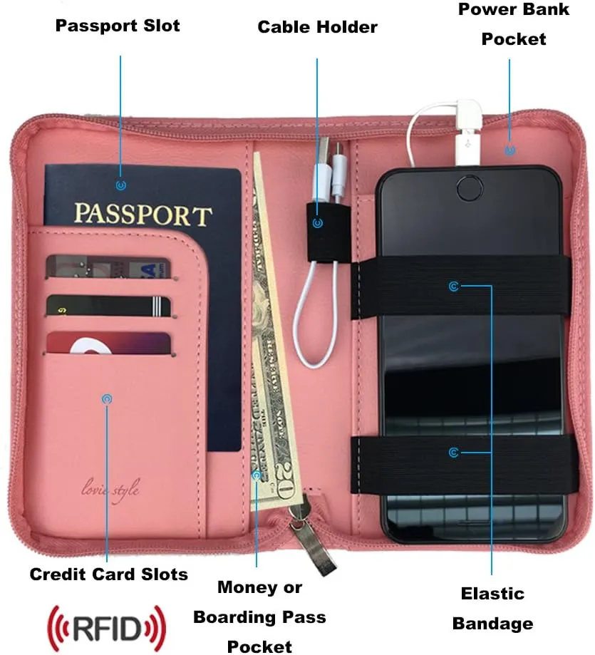 Phone Charging Passport Holder - Travel Wallet with Removable Power Bank holds money, cards, phone, travel docs- RFID Blocking - Compatible with All Phones - Travel Accessories