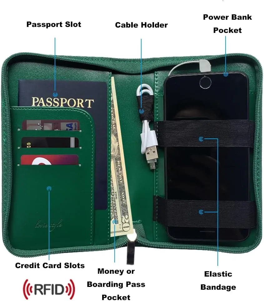 Phone Charging Passport Holder - Travel Wallet with Removable Power Bank holds money, cards, phone, travel docs- RFID Blocking - Compatible with All Phones - Travel Accessories