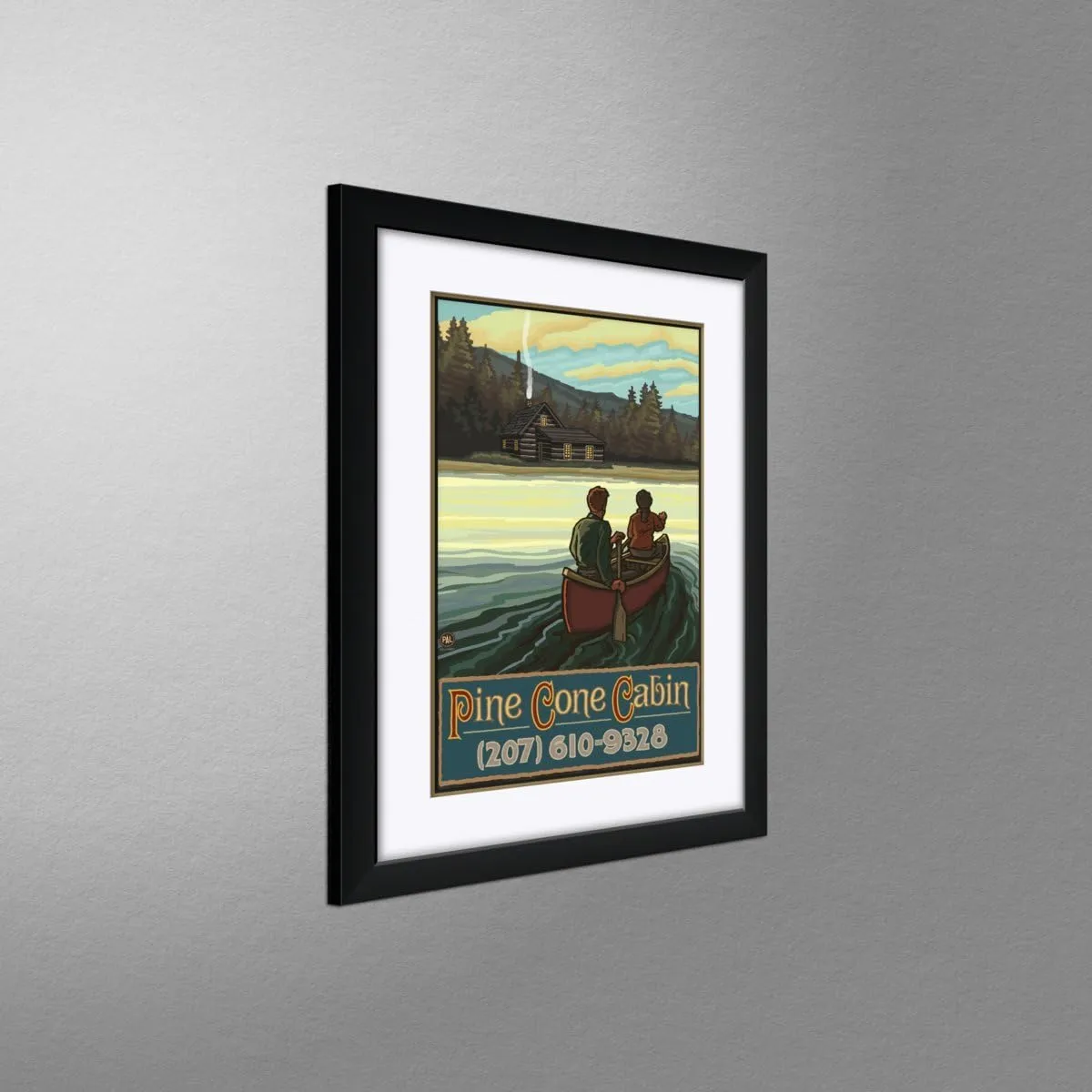 Pine Cone Cabin Maine Lake Canoers Hills Framed & Matted Art Print from Original Travel Artwork by Artist Paul A. Lanquist Framed Art Size: 18" x 24"