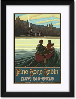 Pine Cone Cabin Maine Lake Canoers Hills Framed & Matted Art Print from Original Travel Artwork by Artist Paul A. Lanquist Framed Art Size: 18" x 24"