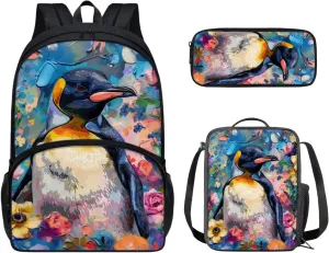 PinUp Angel Cool Emperor Penguin Print Kids Backpack with Lunch Bag Pencil Bag for Kids Cute Art Oil Painting Animal Patterned Backpacks Elementary Bookbag School Bag
