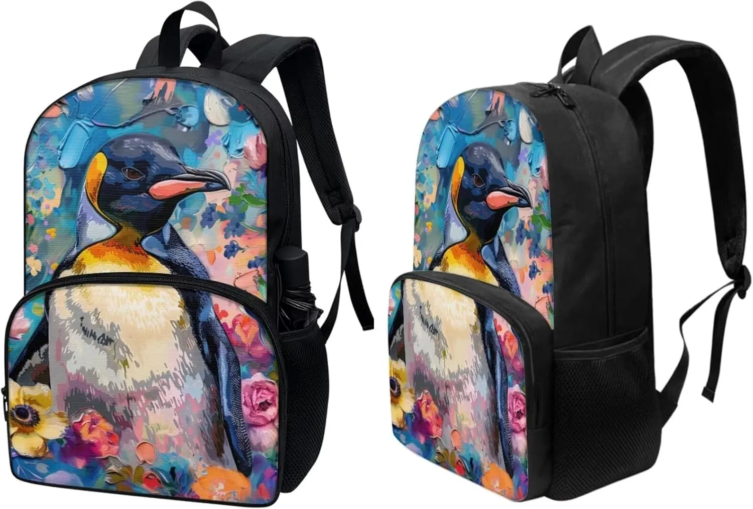 PinUp Angel Cool Emperor Penguin Print Kids Backpack with Lunch Bag Pencil Bag for Kids Cute Art Oil Painting Animal Patterned Backpacks Elementary Bookbag School Bag