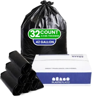 Plasticplace Contractor Trash Bags 42 Gallon 3.0 Mil Rolls Black Heavy Duty Garbage Bag 33.6” x 47.6” (32 Count)