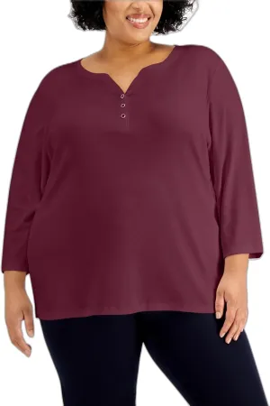 Plus Size 3/4-Sleeve Henley Top Malbec 2X
