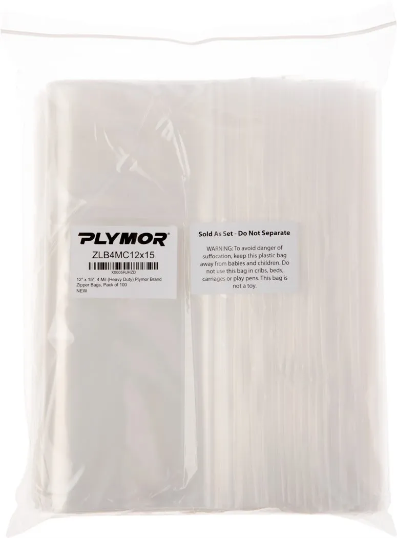 Plymor 12" x 15" (Pack of 100), 4 Mil Heavy Duty Zipper Reclosable Plastic Bags