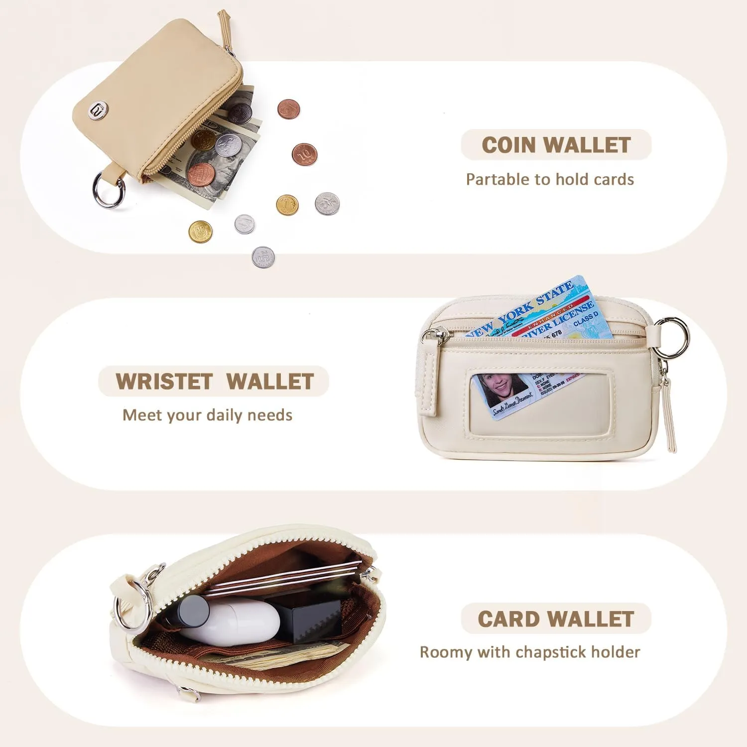 POIUGOYA Nylon Wristlet Wallets, Dual Pouch Keychain Wristlet Wallet, RFID Small Wallet With Coin Pouch,ID Window For Travel