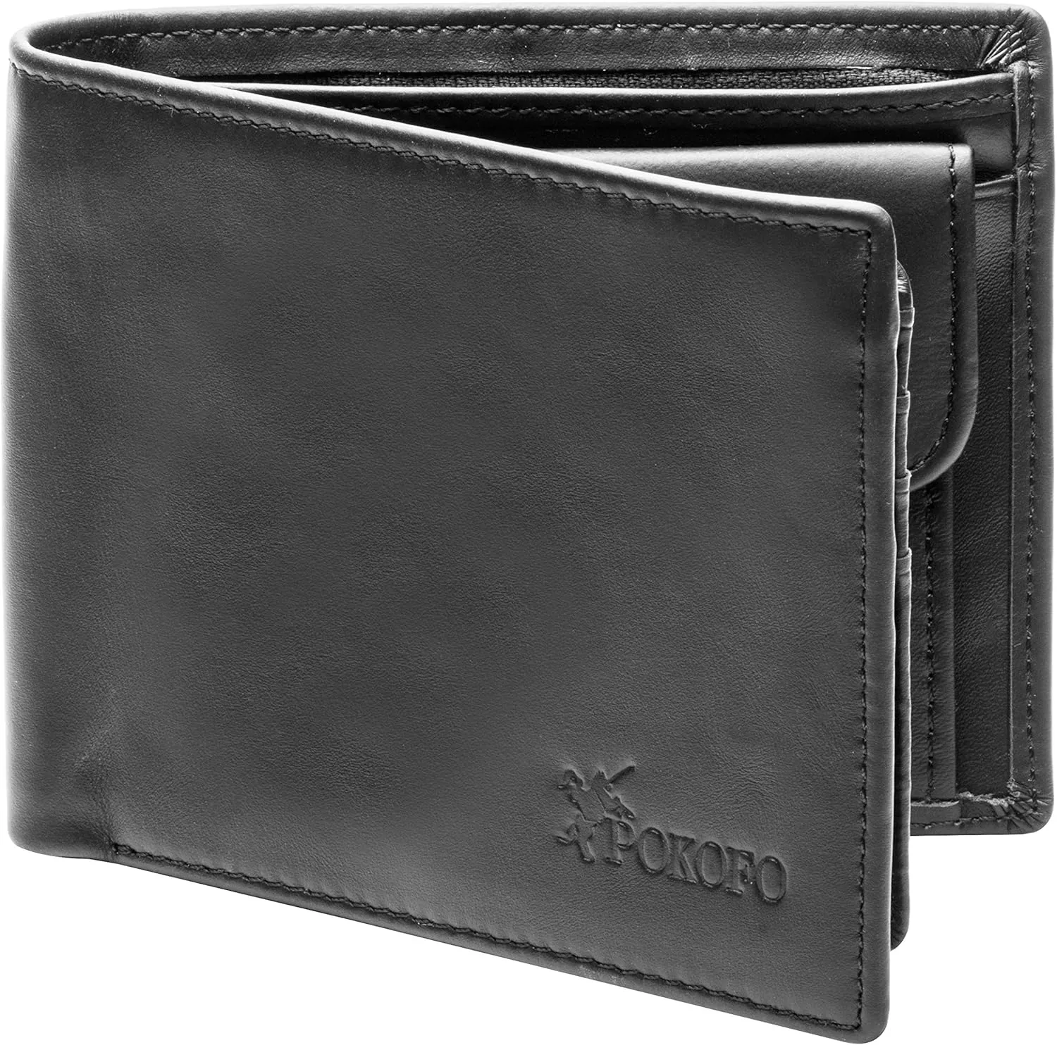 POKOFO RFID Blocking Genuine Leather Bifold Wallet for Men with Zipper and Coin Pocket