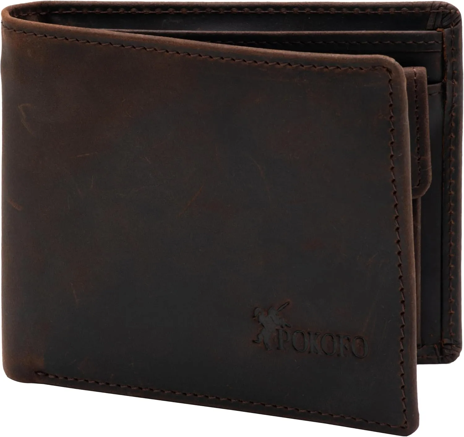 POKOFO RFID Blocking Genuine Leather Bifold Wallet for Men with Zipper and Coin Pocket