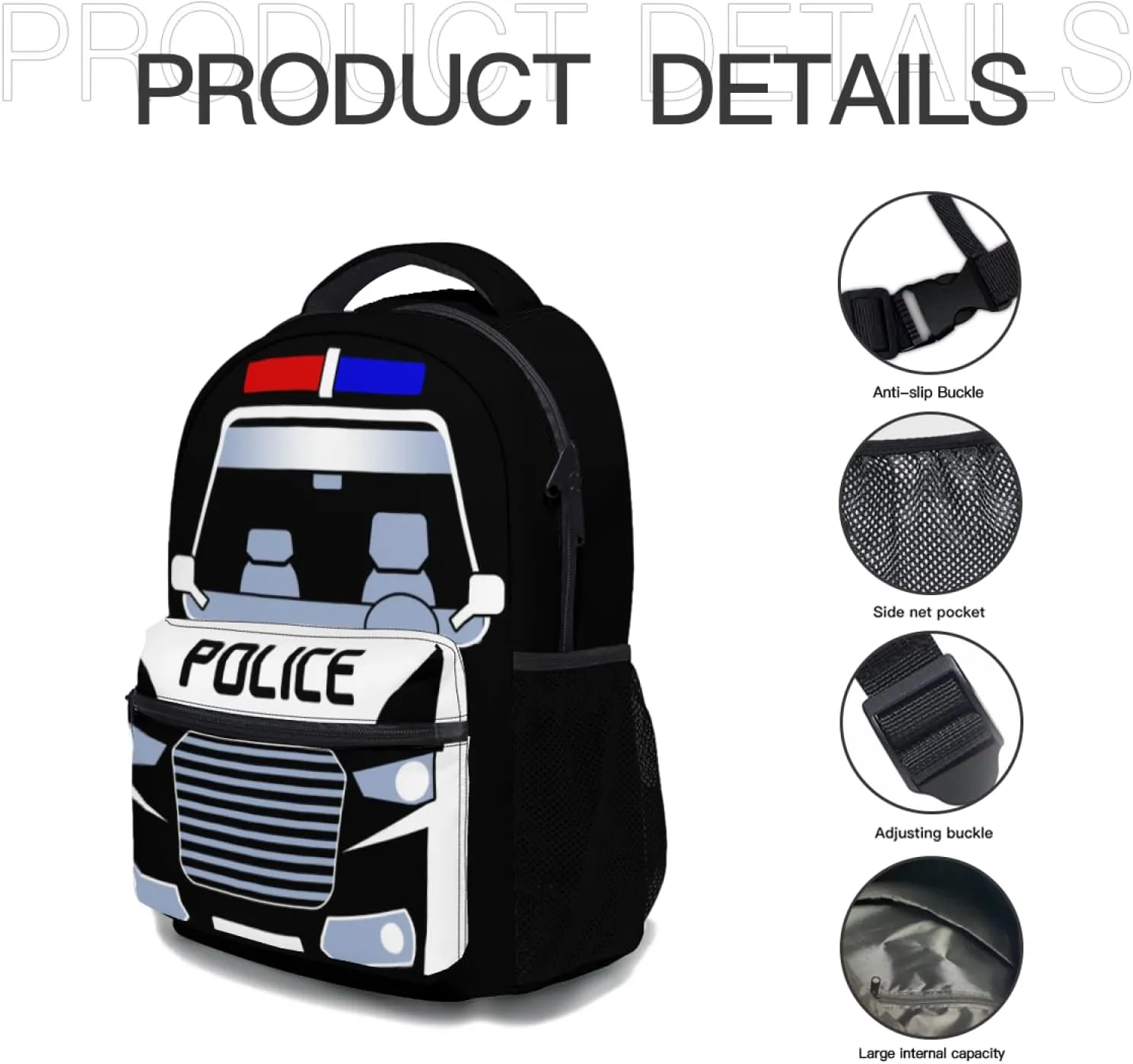 Police Car Backpack Cartoon Fun and Functional Backpack for School Work and Travel 17 Inch (Black)