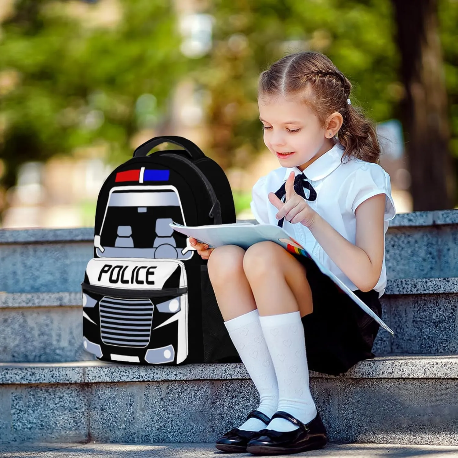Police Car Backpack Cartoon Fun and Functional Backpack for School Work and Travel 17 Inch (Black)