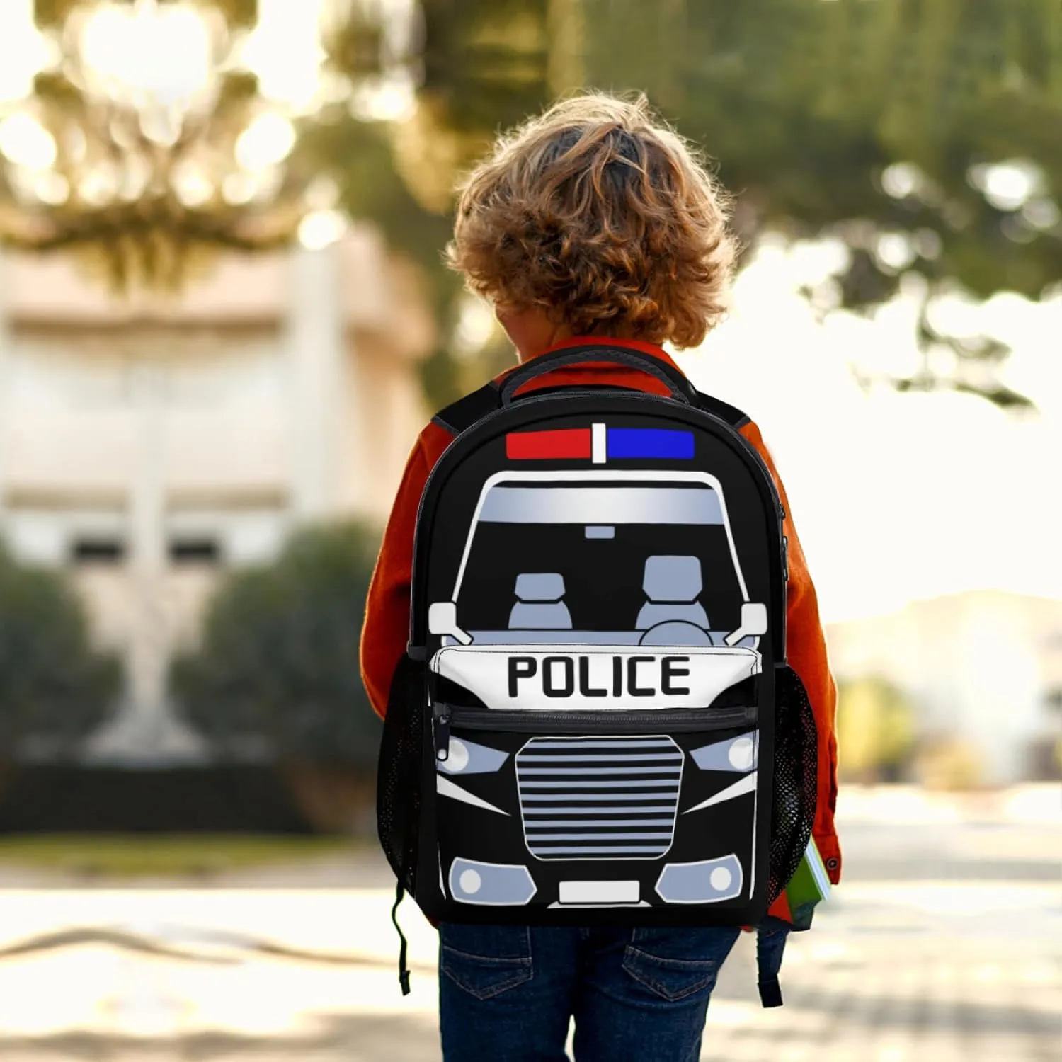 Police Car Backpack Cartoon Fun and Functional Backpack for School Work and Travel 17 Inch (Black)