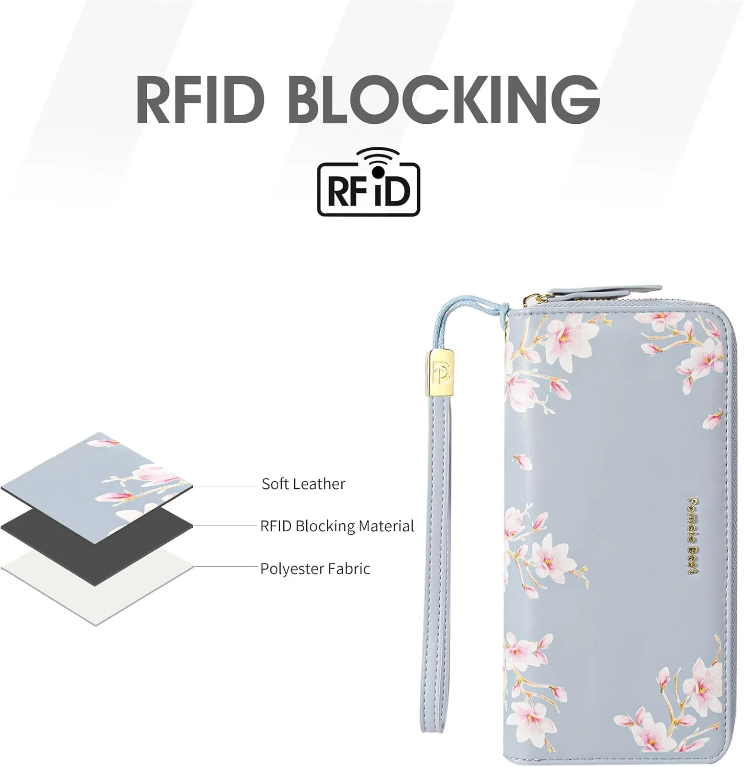 Pomelo Best Wallet for Women Leather RFID Blocking Credit Card Large Capacity Zip Around Clutch Floral Wallets with Wristlet Travel Long Purse Linen blue