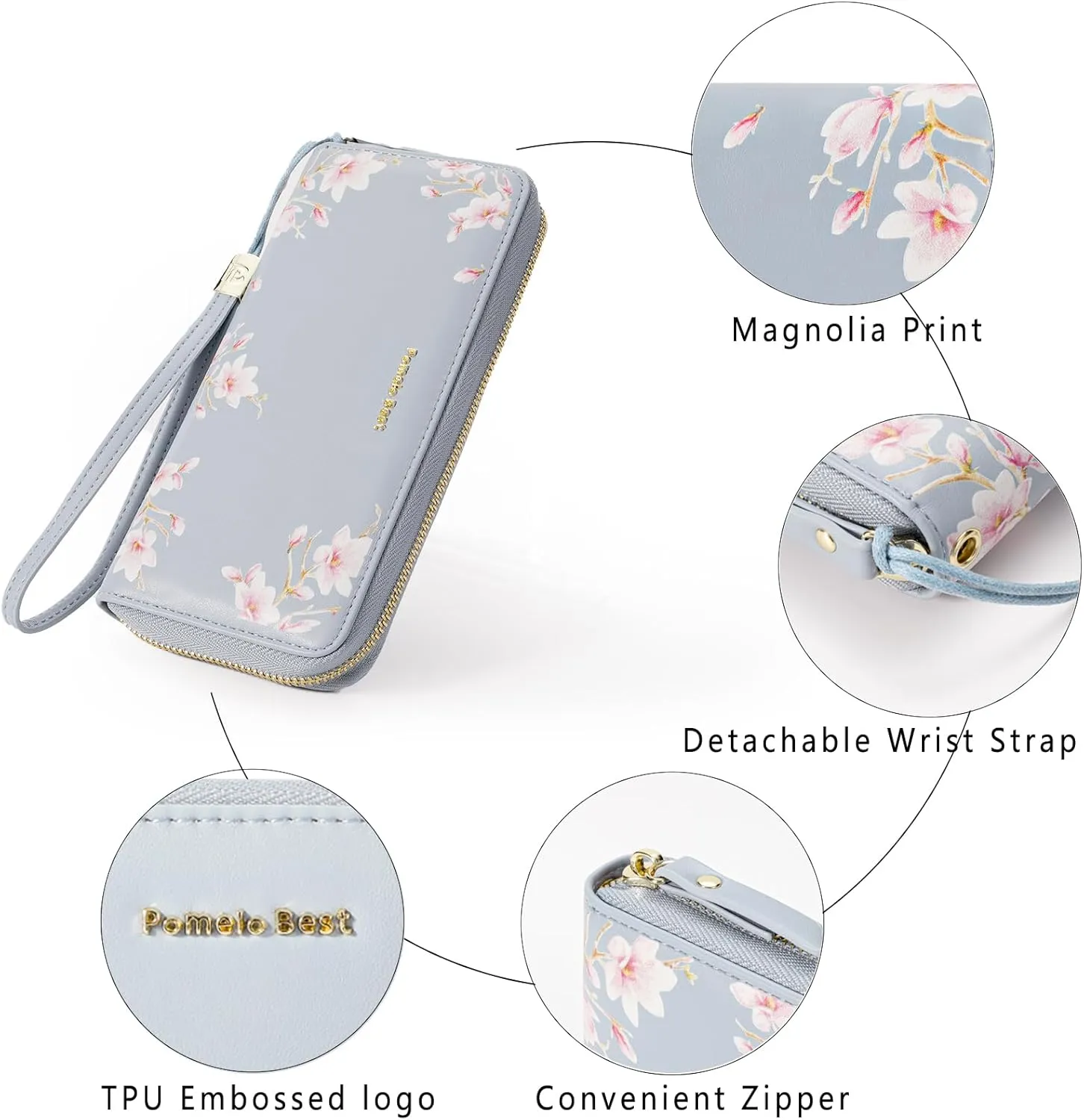 Pomelo Best Wallet for Women Leather RFID Blocking Credit Card Large Capacity Zip Around Clutch Floral Wallets with Wristlet Travel Long Purse Linen blue