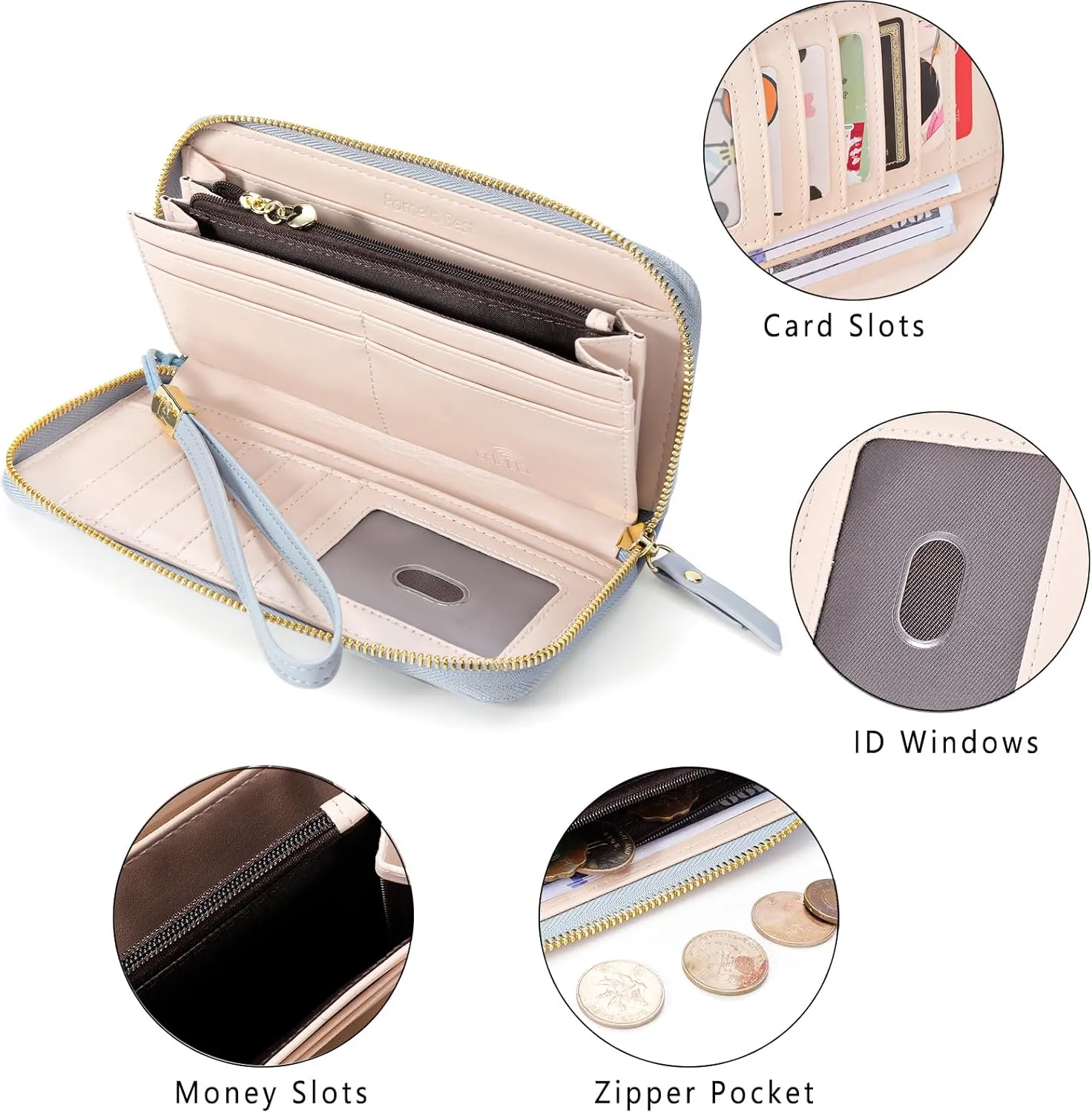 Pomelo Best Wallet for Women Leather RFID Blocking Credit Card Large Capacity Zip Around Clutch Floral Wallets with Wristlet Travel Long Purse Linen blue