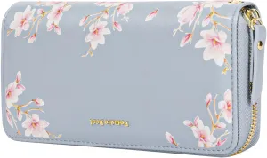 Pomelo Best Wallet for Women Leather RFID Blocking Credit Card Large Capacity Zip Around Clutch Floral Wallets with Wristlet Travel Long Purse Linen blue