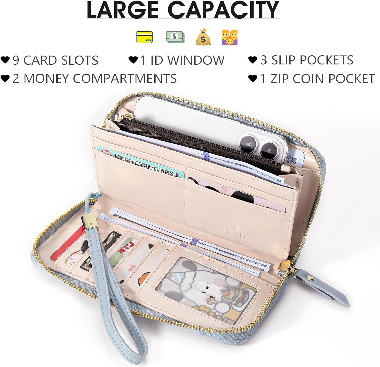 Pomelo Best Wallet for Women Leather RFID Blocking Credit Card Large Capacity Zip Around Clutch Floral Wallets with Wristlet Travel Long Purse Linen blue