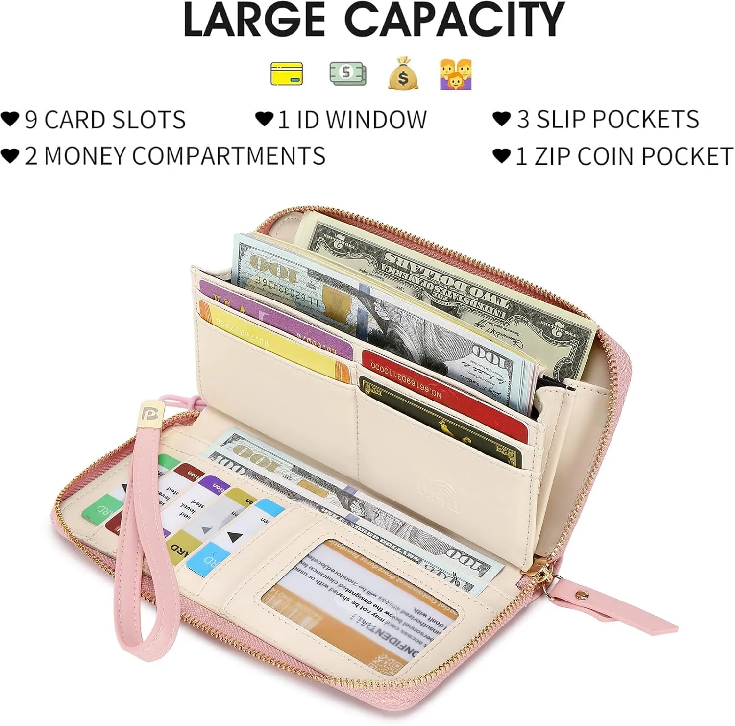 Pomelo Best Womens Wallet RFID Blocking Leather Multi Credit Card Large Capacity Zip Around Wallet Clutch Wristlet Travel Long Purse for Women Pink