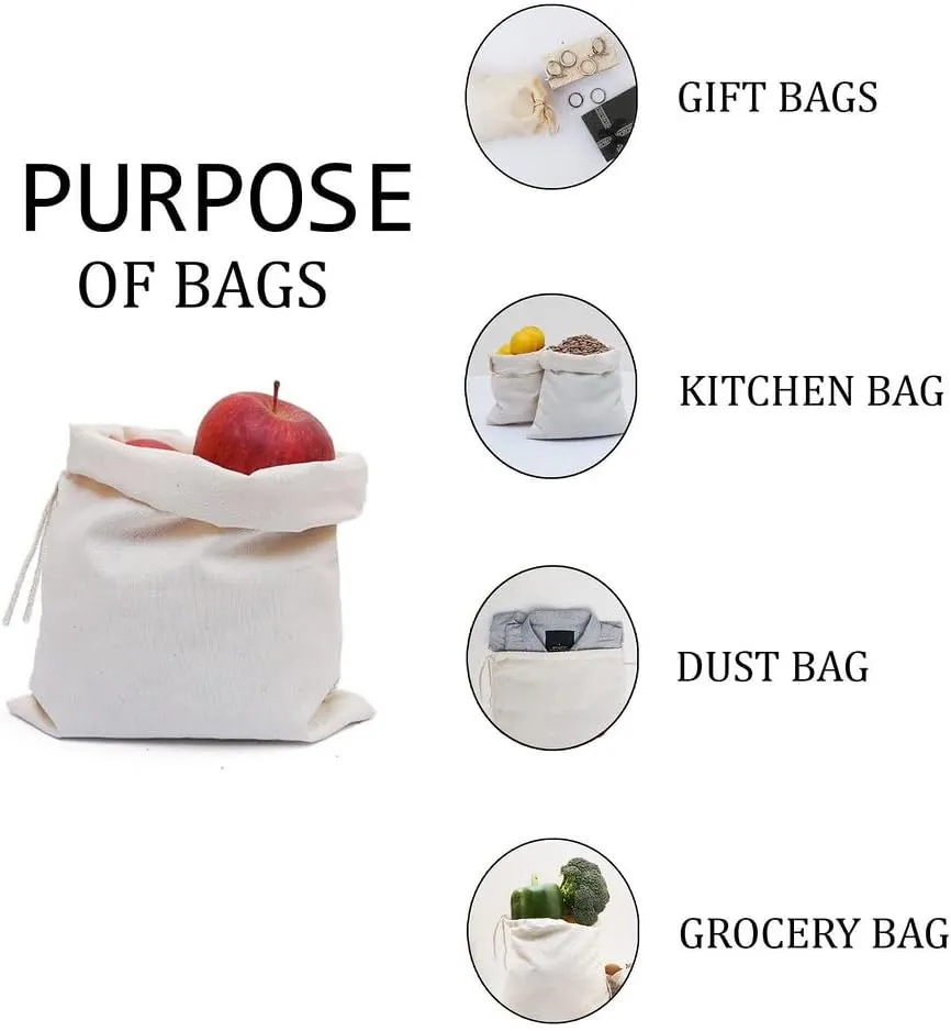 Premium Cotton Muslin Bags, 100% Organic Cotton with Single Drawstring. Premium Quality Reusable Eco-Friendly Natural Muslin Bags. (10, 12x20 Inhces)