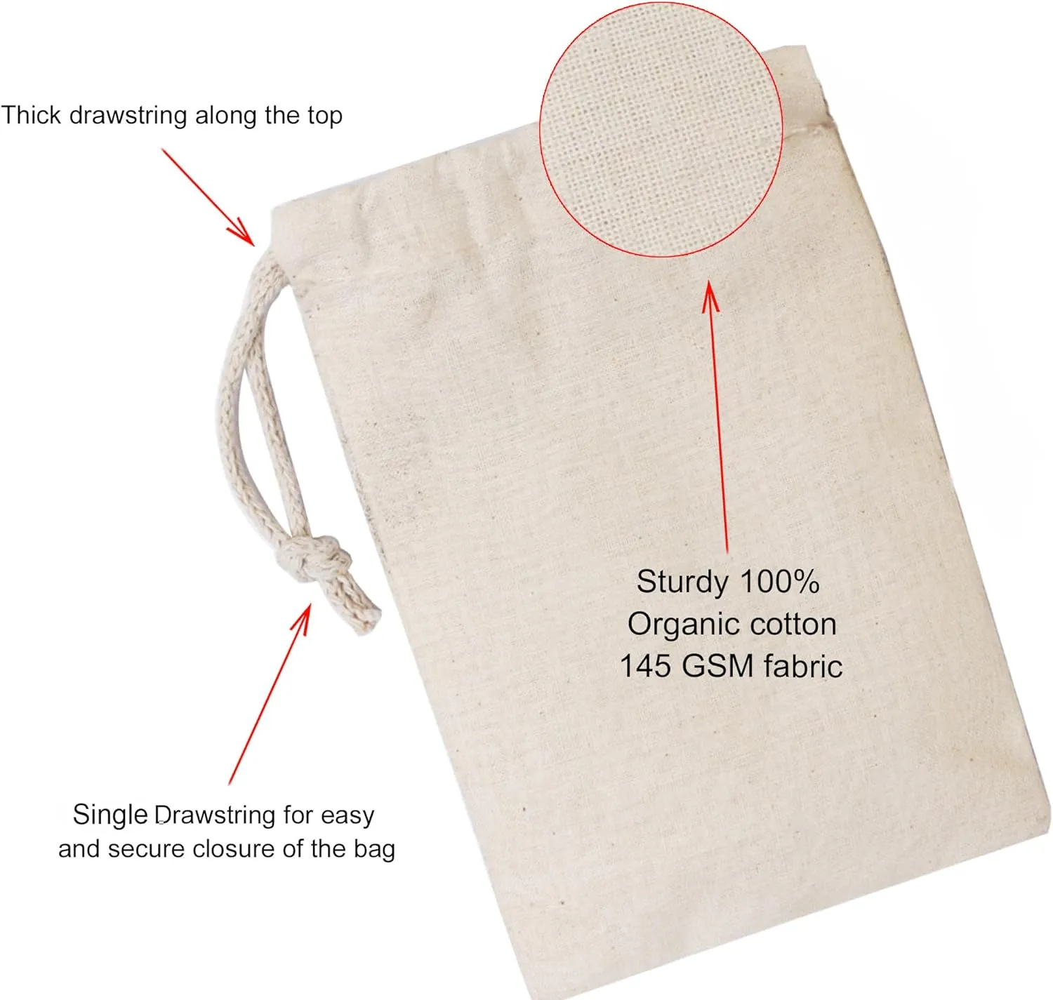Premium Cotton Muslin Bags, 100% Organic Cotton with Single Drawstring. Premium Quality Reusable Eco-Friendly Natural Muslin Bags. (10, 12x20 Inhces)