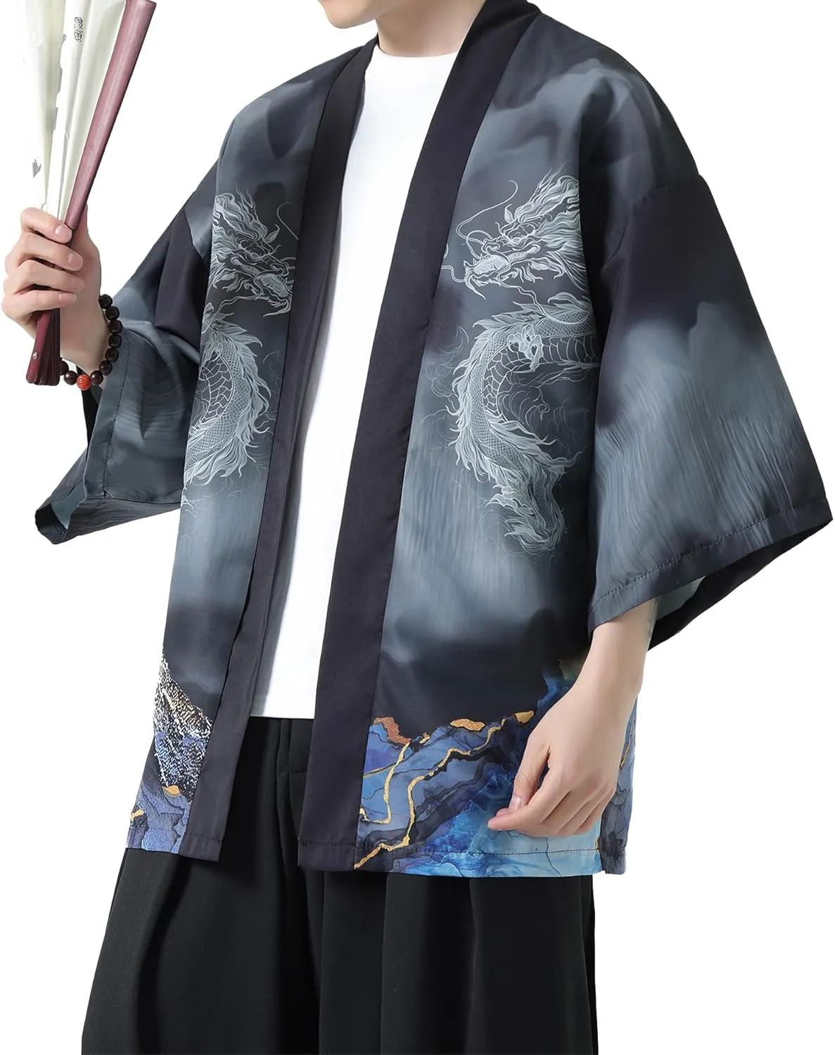 PRIJOUHE Men's Kimono Cardigan Jacket Japanese Style Flying Crane Seven Sleeves Open Front Coat