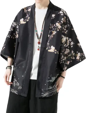 PRIJOUHE Men's Kimono Cardigan Jacket Japanese Style Flying Crane Seven Sleeves Open Front Coat