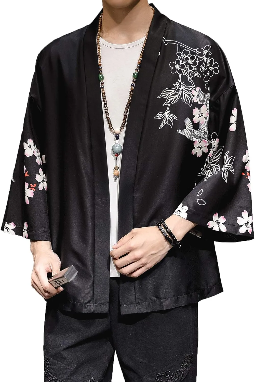 PRIJOUHE Men's Kimono Cardigan Jacket Japanese Style Flying Crane Seven Sleeves Open Front Coat