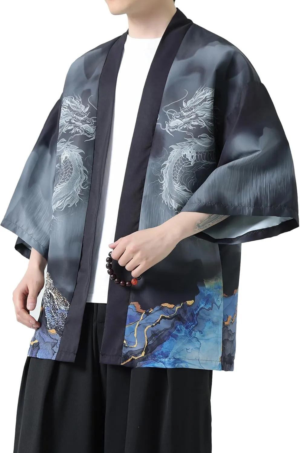 PRIJOUHE Men's Kimono Cardigan Jacket Japanese Style Flying Crane Seven Sleeves Open Front Coat