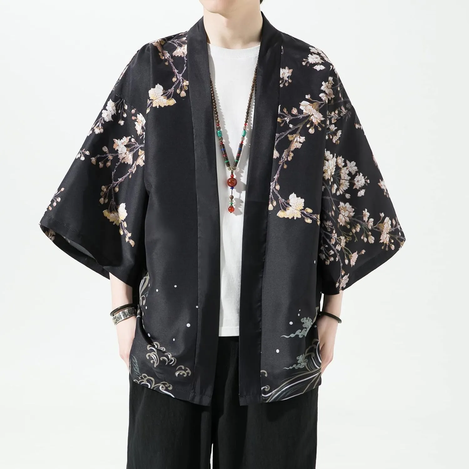 PRIJOUHE Men's Kimono Cardigan Jacket Japanese Style Flying Crane Seven Sleeves Open Front Coat