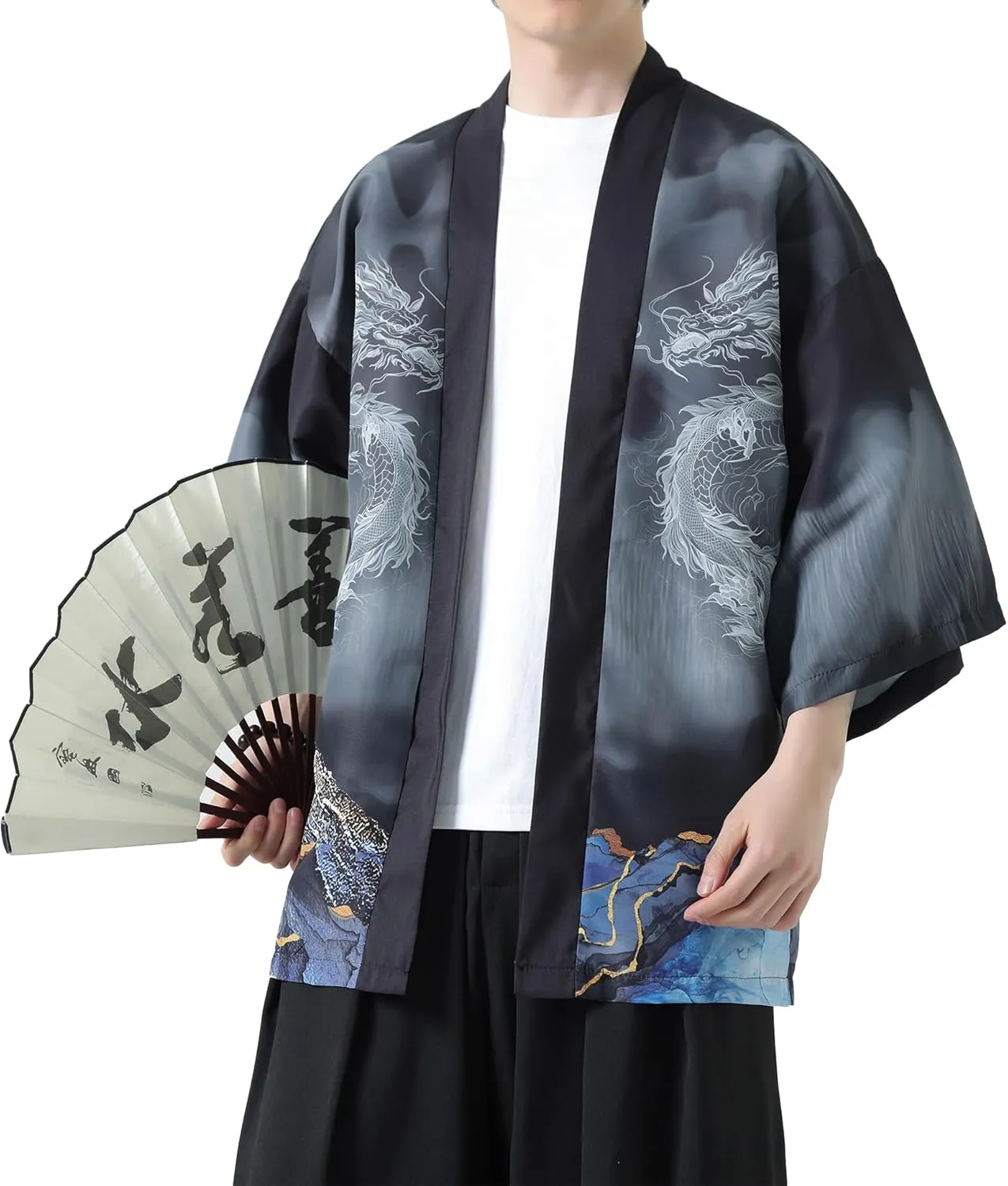 PRIJOUHE Men's Kimono Cardigan Jacket Japanese Style Flying Crane Seven Sleeves Open Front Coat