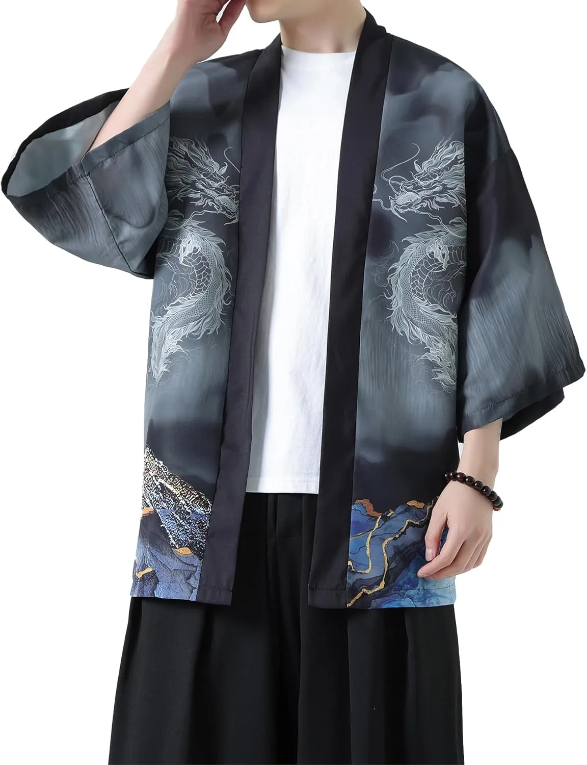 PRIJOUHE Men's Kimono Cardigan Jacket Japanese Style Flying Crane Seven Sleeves Open Front Coat