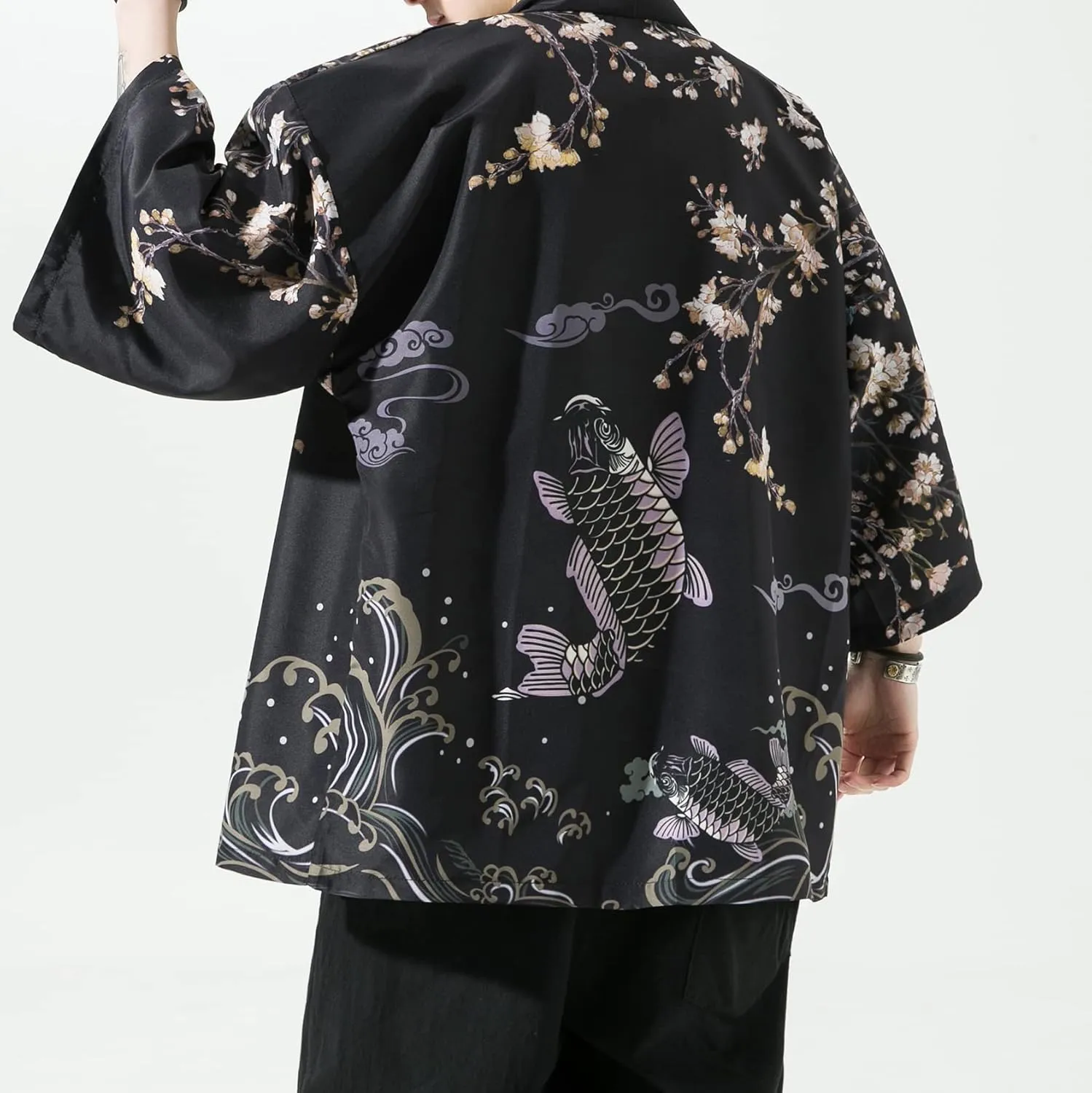 PRIJOUHE Men's Kimono Cardigan Jacket Japanese Style Flying Crane Seven Sleeves Open Front Coat