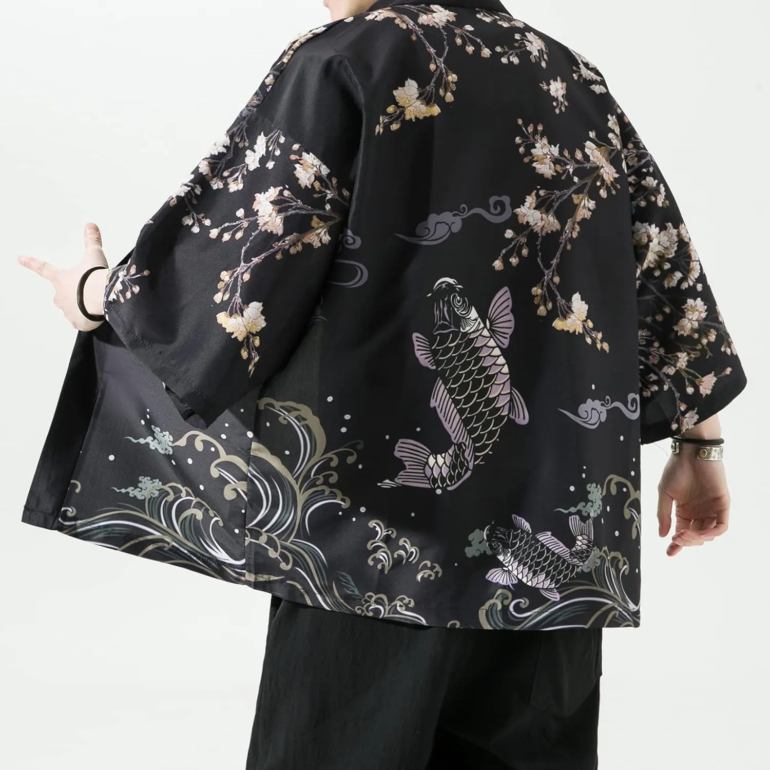PRIJOUHE Men's Kimono Cardigan Jacket Japanese Style Flying Crane Seven Sleeves Open Front Coat