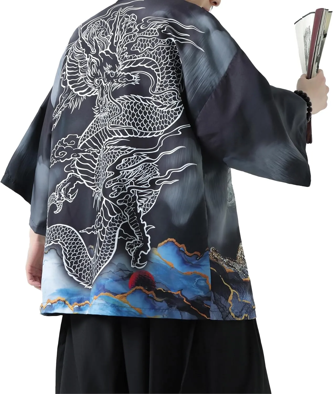PRIJOUHE Men's Kimono Cardigan Jacket Japanese Style Flying Crane Seven Sleeves Open Front Coat