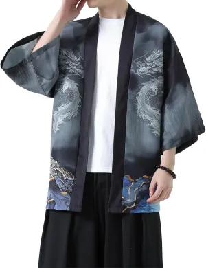 PRIJOUHE Men's Kimono Cardigan Jacket Japanese Style Flying Crane Seven Sleeves Open Front Coat