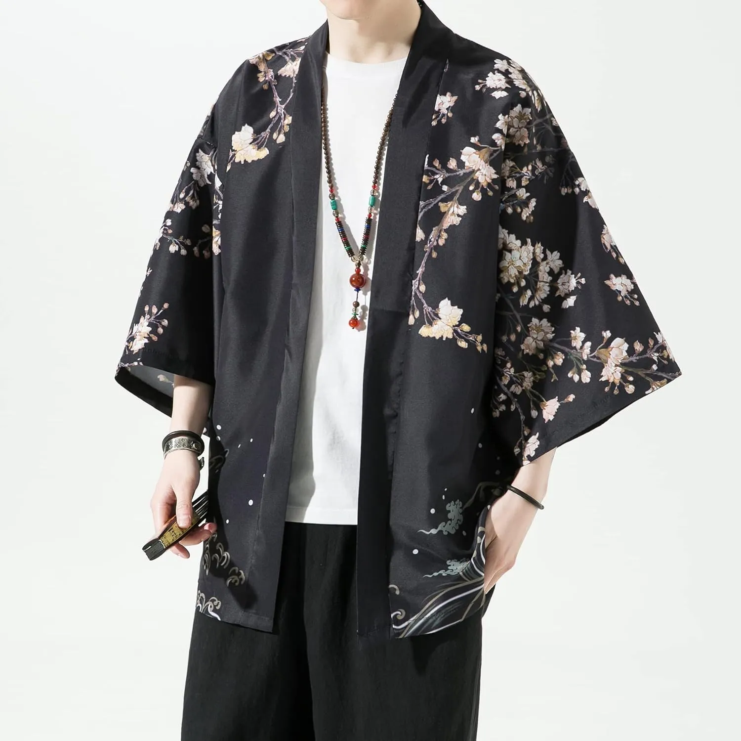 PRIJOUHE Men's Kimono Cardigan Jacket Japanese Style Flying Crane Seven Sleeves Open Front Coat