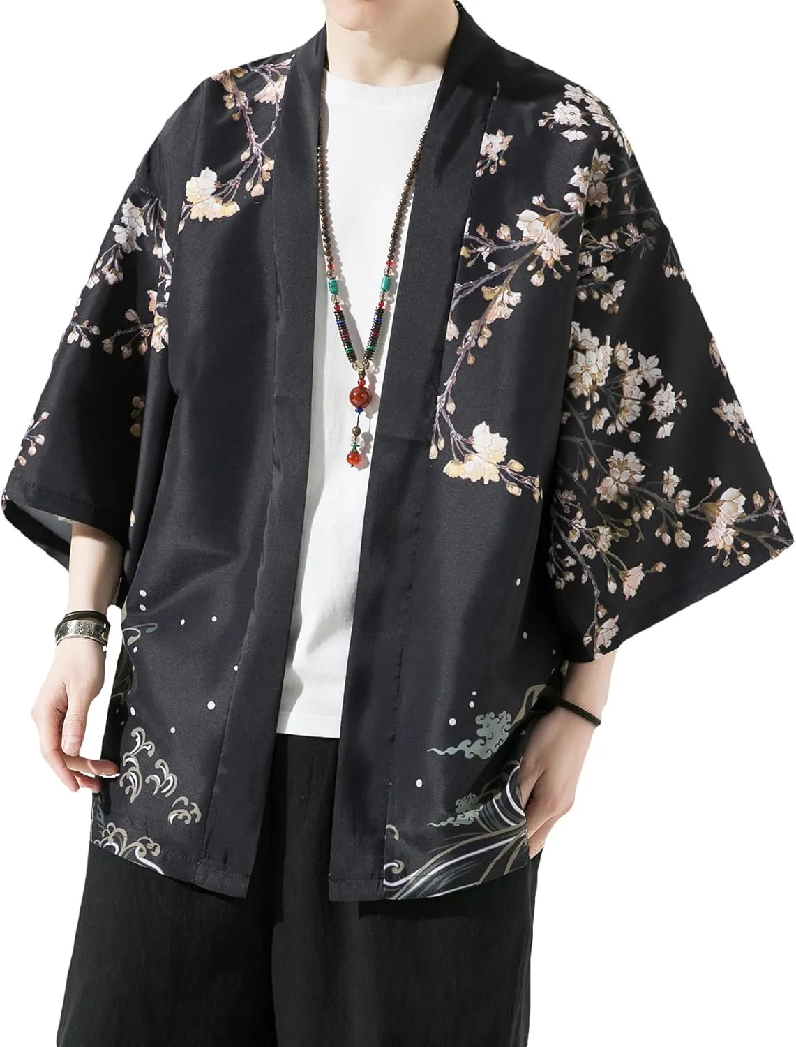 PRIJOUHE Men's Kimono Cardigan Jacket Japanese Style Flying Crane Seven Sleeves Open Front Coat