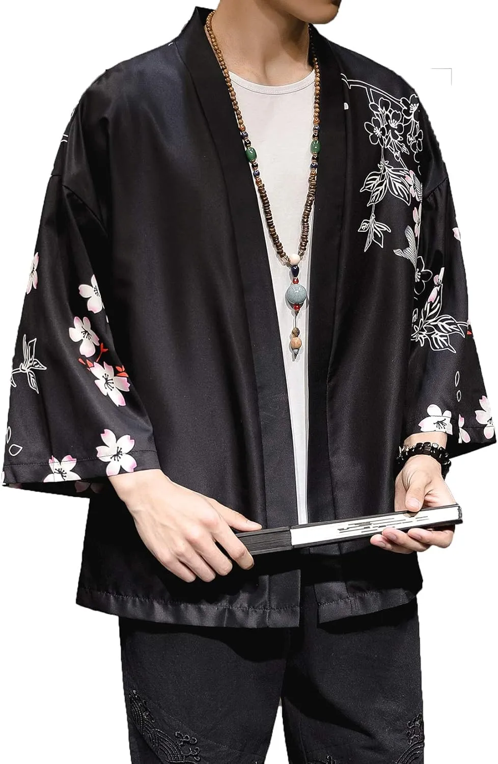 PRIJOUHE Men's Kimono Cardigan Jacket Japanese Style Flying Crane Seven Sleeves Open Front Coat