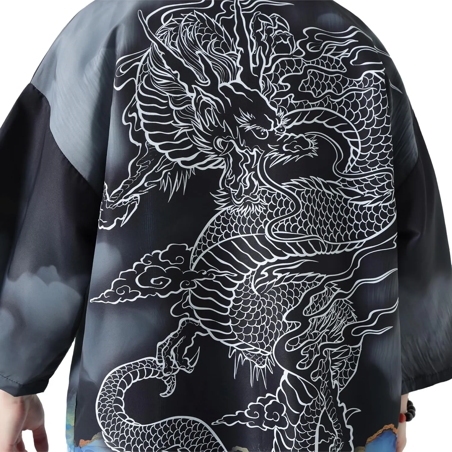 PRIJOUHE Men's Kimono Cardigan Jacket Japanese Style Flying Crane Seven Sleeves Open Front Coat