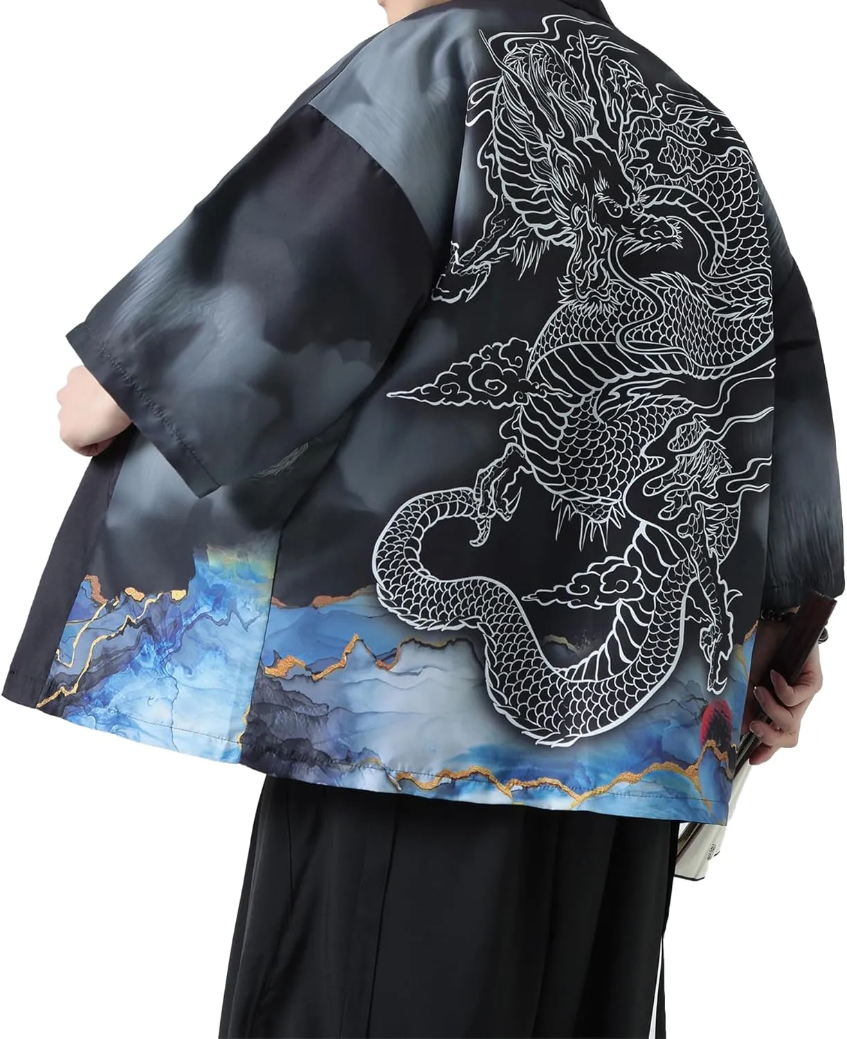 PRIJOUHE Men's Kimono Cardigan Jacket Japanese Style Flying Crane Seven Sleeves Open Front Coat
