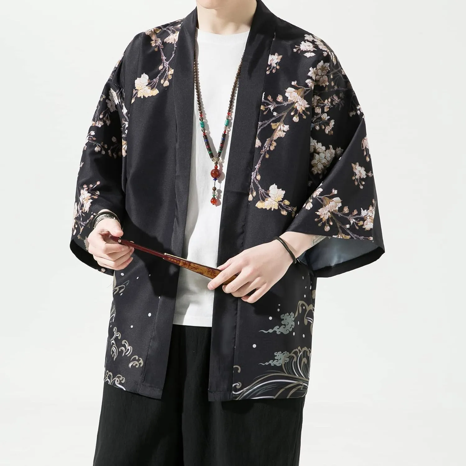 PRIJOUHE Men's Kimono Cardigan Jacket Japanese Style Flying Crane Seven Sleeves Open Front Coat