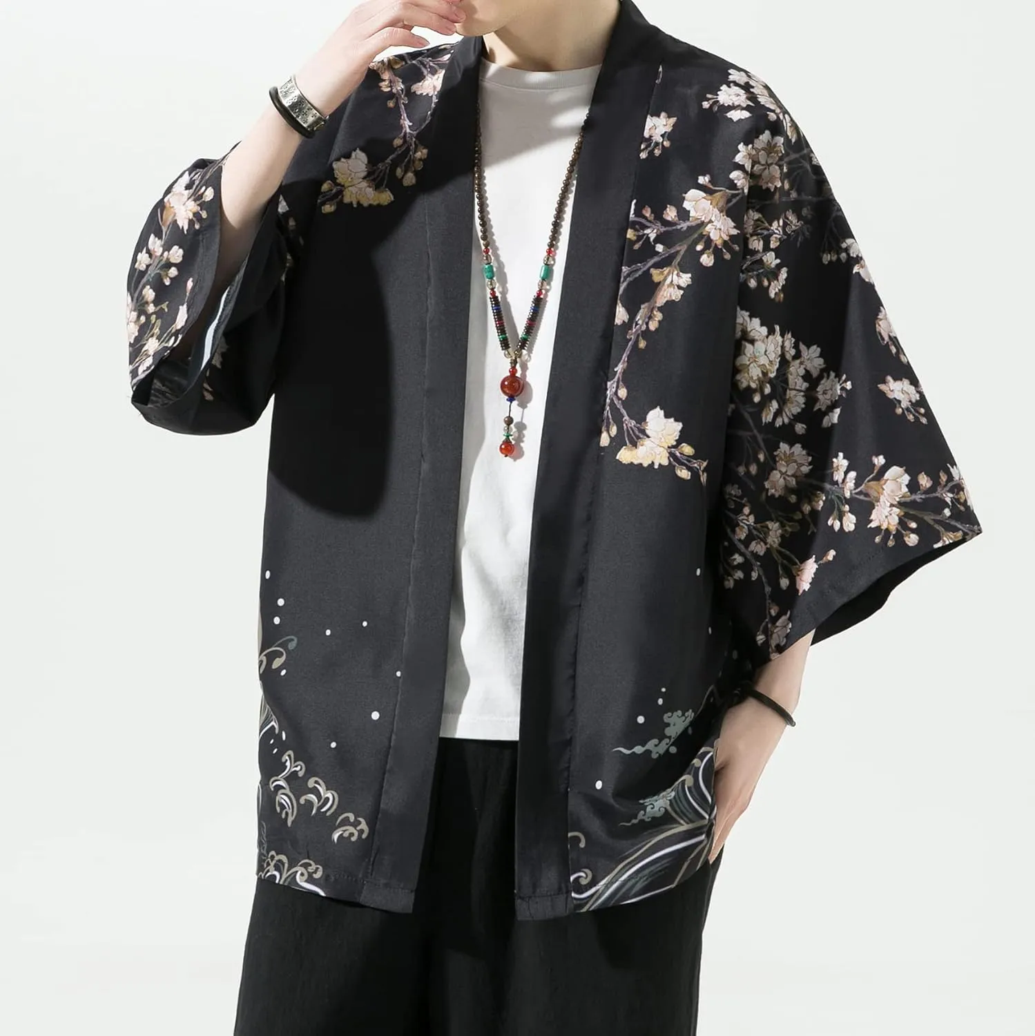 PRIJOUHE Men's Kimono Cardigan Jacket Japanese Style Flying Crane Seven Sleeves Open Front Coat
