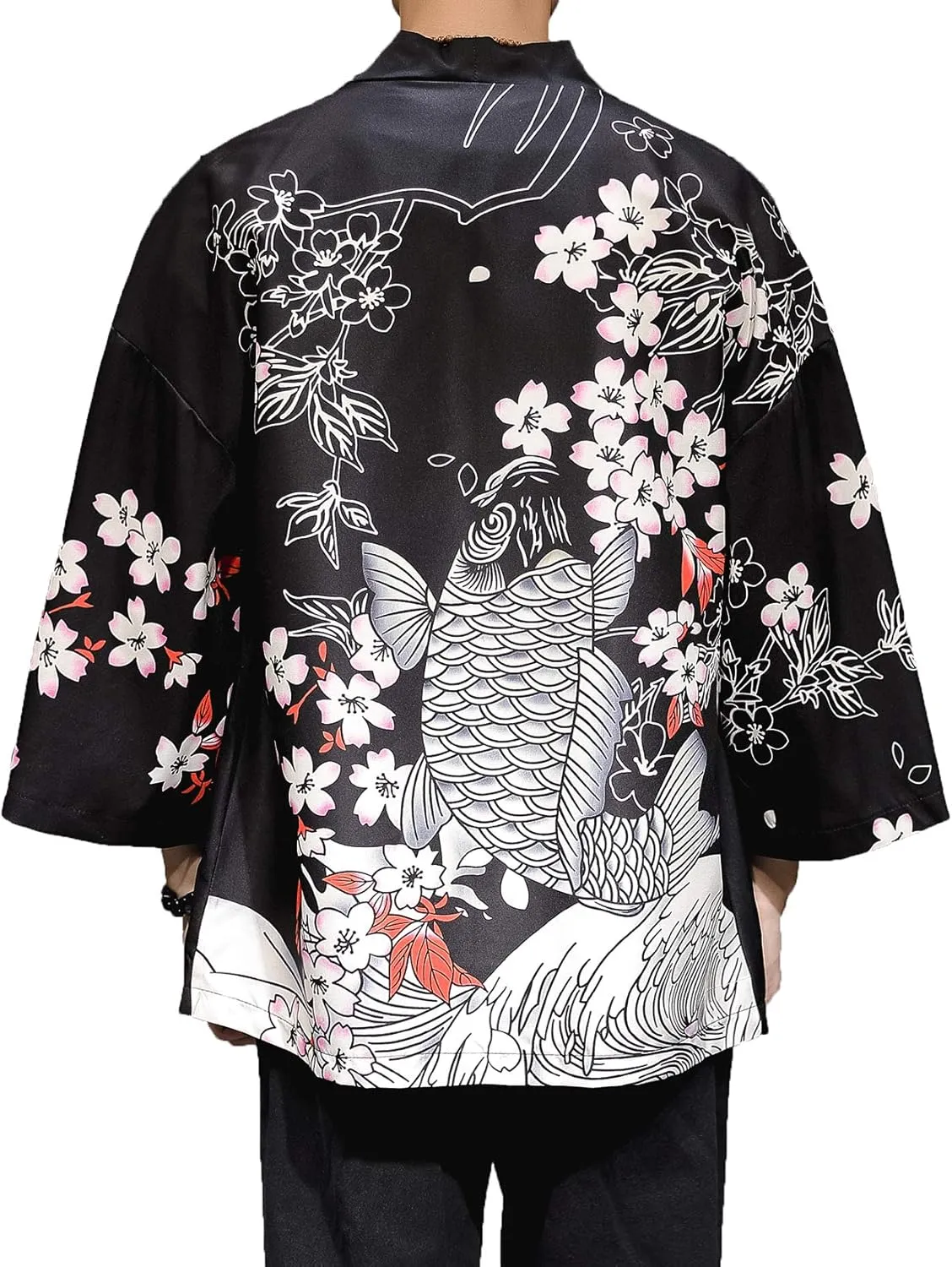 PRIJOUHE Men's Kimono Cardigan Jacket Japanese Style Flying Crane Seven Sleeves Open Front Coat