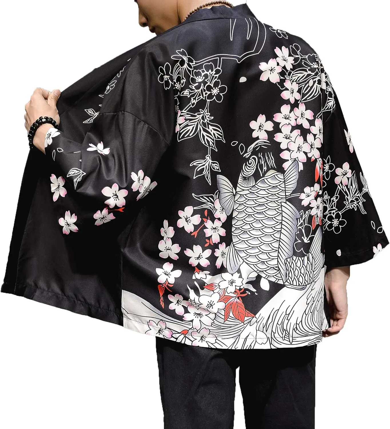PRIJOUHE Men's Kimono Cardigan Jacket Japanese Style Flying Crane Seven Sleeves Open Front Coat