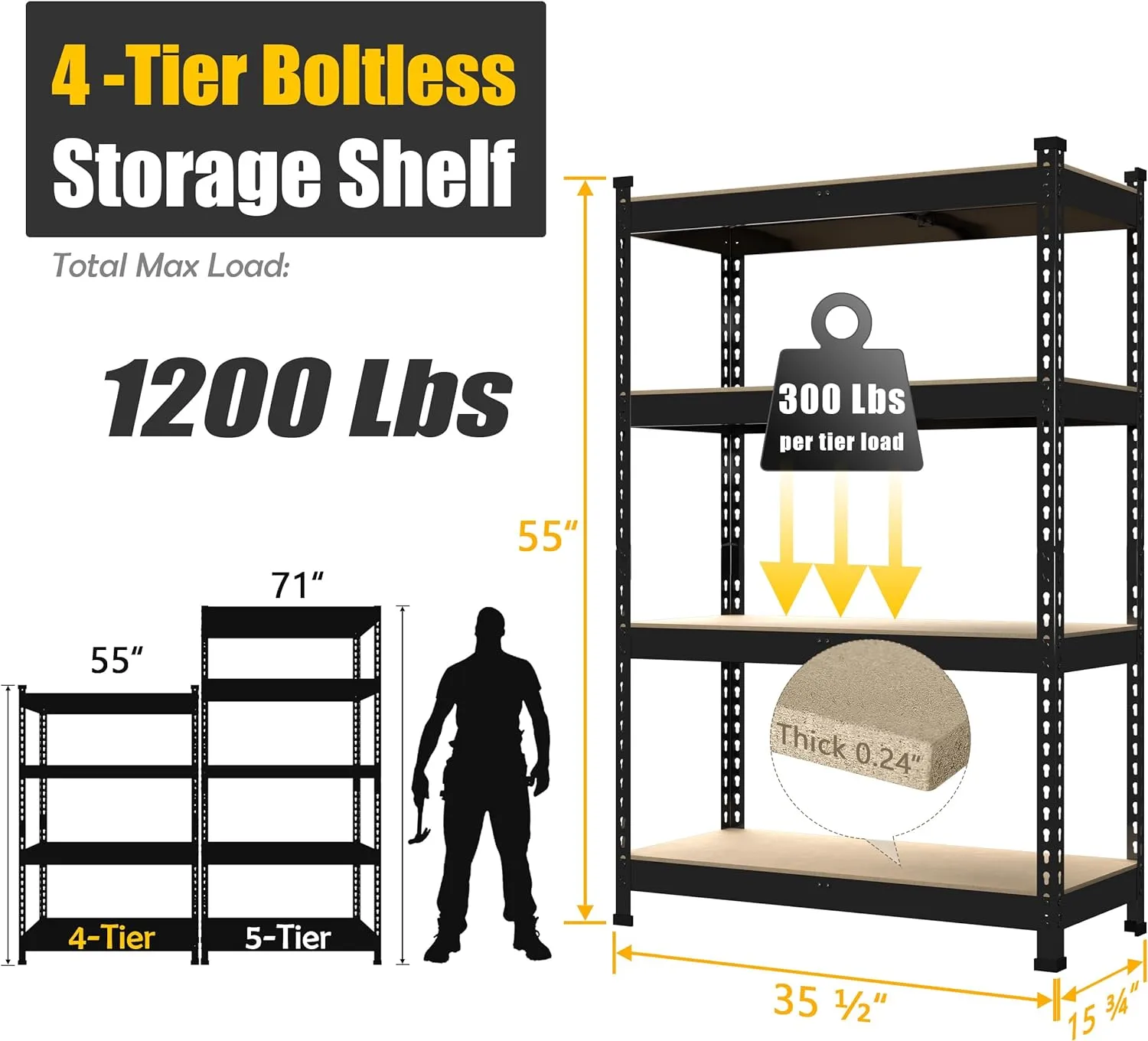 PrimeZone 4 Tier 36" W x 16" D x 55" H Storage Shelves - Adjustable Garage Storage Shelving, Heavy Duty Metal Storage Utility Rack Shelf Unit for Warehouse Pantry Closet Kitchen, Black